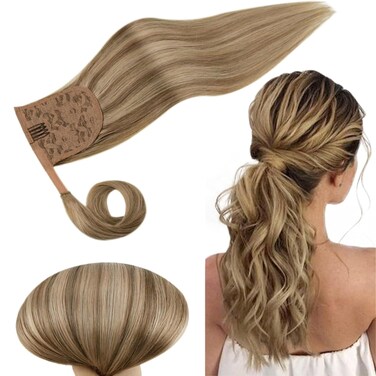 RUNATURE Human Hair Ponytail Extension Blonde Ponytail Hair Extension Ponytail Dark Blonde Highlight Caramel Blonde Short Ponytail Human Hair Extensions Straight Pony Tails Hair Extension 12 Inch 70g