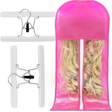 Hair Extension Holder Storage Bag Strong Hanger Clip Case Dust-proof Portable Suit with Transparent Zip Up Closure- Lightweight Waterproof (Pink)