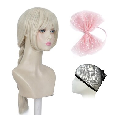 Blonde Wig for Women, Long Golden Big Braids Wig with Air Bangs, Long Platinum Blonde Pigtails Wig with Pink Glitter Bow Hair Ties for Party Costume Halloween