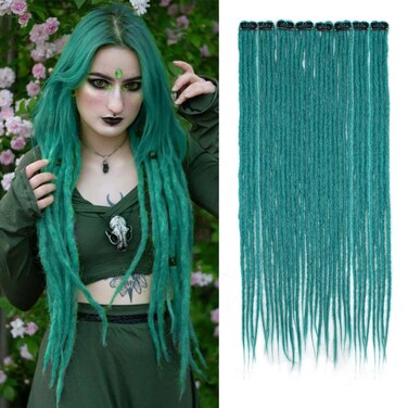 8PCS Clip in Dreadlock Extensions, 24 inch Synthetic Clip-in Dreads Extensions Handmade Soft Thin 0.6cm Width Dreadlocks(green, Clip-in 32 Strands)