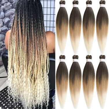 Unionbeauty Pre Streched Braiding Hair 30 Inch 8 Packs Ombre Brown Blonde Long Brading Hair Soft Yaki Texture Easy Braid Hair for Braids Hot Water Setting Synthetic Crochet Hair Extensions (1B27613#)