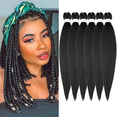 Braiding Hair Pre stretched 16 Inch Braiding Hair Extensions Hot Water Setting Synthetic Hair Pre Stretched Crochet Braids Hair Yaki Texture(16 Inch,6 Packs,1B#）