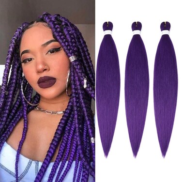 Umylar Pre stretched Braiding Hair 16 '' Braiding Hair Extensions Hot Water Setting Synthetic Hair Pre Stretched Crochet Braids Hair Yaki Texture(3 Packs,Purple#）