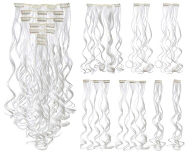 SWACC 7 Pcs Full Head Party Highlights Clip on in Hair Extensions Colored Hair Streak Synthetic Hairpieces (20-Inch Curly, White)