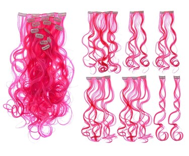 SWACC 7 Pcs Full Head Party Highlights Clip on in Hair Extensions Colored Hair Streak Synthetic Hairpieces (20-Inch Curly, Hot Pink)