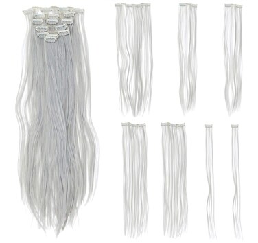 SWACC 7 Pcs Full Head Party Highlights Clip on in Hair Extensions Colored Hair Streak Synthetic Hairpieces (22-Inch Straight, Silver)