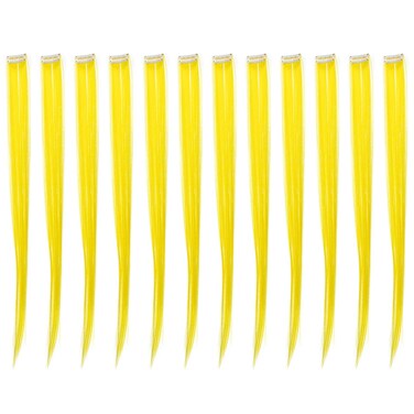 SWACC 12 Pcs Straight One Color Party Highlights Clip on in Hair Extensions Colored Hair Streak Synthetic Hairpieces (Yellow)
