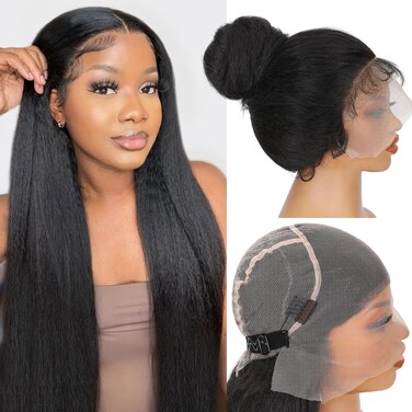 WIGNEE Full Lace Kinky Straight Wig 30 Inch Synthetic Yaki Straight Wig 180% Density Pre-Plucked Kinky Wig with Baby Hair Yaki Wigs For Black Women Daily Use