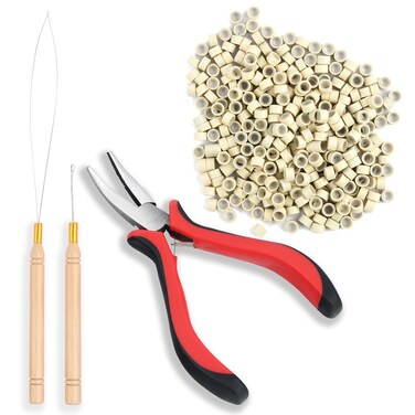 Microlinks Hair Extensions, Beads Hair Extensions Threader Pulling Hook Pliers, Micro Link Tools 200PCS Silicone Rings, Microlink Tool Kit Hair Feathers Extensions (Beige)