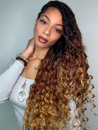 LIYATE Boho Box Braids Crochet Hair for Women 18 Inch 7 Packs Bohemian Crochet Braids with Curly Ends Goddess Box Braids Crochet Braiding Hair Extensions, 1B/30/27