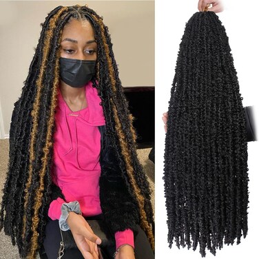 ZRQ 42 Inch Butterfly Locs Crochet Braids Hair Pre-looped Super Long Distressed Locs Synthetic Handmade Crochet Soft Locs Bohomian Goddess Locs Hair Extensions (6 Pack 1B#)
