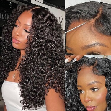6x5 Curly Lace Front Wigs Human Hair 100% Wear and Go Glueless Wig Pre Plucked Pre Cut Pre Bleached Knots Deep Wave Wig for Women (Natural Black, 18 Inch-new)