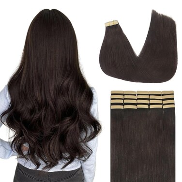 Lashey Tape in Hair Extensions Dark Brown Real Human Hair Natural Straight 50g/pack 20pcs Tape in Hair Extensions 16 Inch Remy Human Hair Extensions for Black Women
