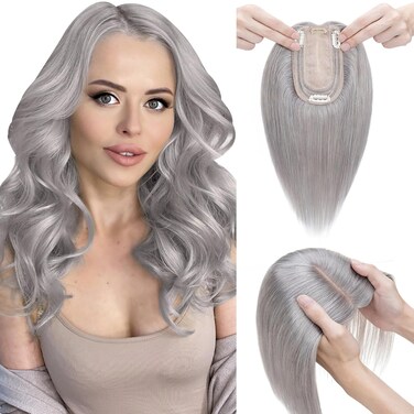 Elailite Hair Toppers for Women Real Human Hair Topper Thinning Thin 5.1"x2.8" Silk Base Clip in Remy Hairpieces 16 Inch Grey