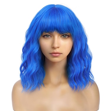 MINLEE Blue Wig with Bangs for Women 14 Inch Short Bob Wavy Curly Wig Royal Blue Hair Wigs Heat Resistant Synthetic Wigs