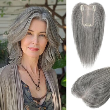 LONAI Real Human Hair Topper, 10 Inch 100％ Human Hair Toppers for Thinning Hair, Large Hand-woven area Coverage Natural Hairpiece Wiglet for Women Daily 5"x3.5" Silk Base-Light Grey
