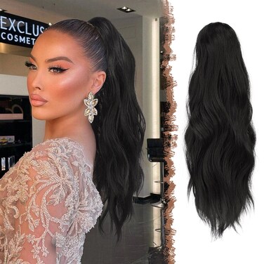FESHFEN Ponytail Extensions, Long Claw Clip in Ponytail Hairpiece Synthetic Pony Tails Hair Piece Natural Wavy Hairpieces for Women, 20 inch Black