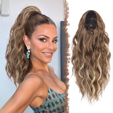 FESHFEN Ponytail Extensions, Long Curly Wavy Drawstring Ponytails Fluffy Clip in Pony Tail Hair Piece Synthetic Hairpieces for Women, 18 inch Light Brown &amp; Blonde