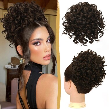 PEACOCO Messy Bun Short Curly Ponytail Extension Elastic Drawstring Loose Hair Bun Hair Pieces for Women with Thinning Hair High Temperature Synthetic Fiber Hair Bun Extension 80g