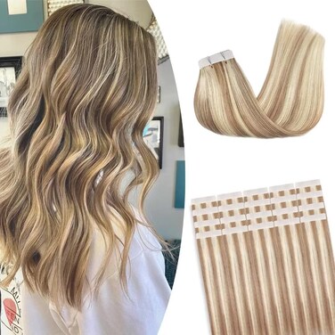 Tape In Hair Extensions Human Hair 22 Inch 20pcs 50g Color Light Golden with Brown