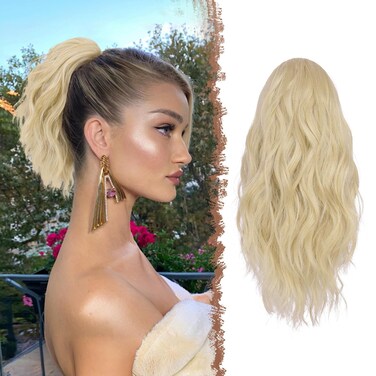 FESHFEN Ponytail Extensions, Drawstring Ponytails Hair Extension Ash Blonde Short Curly Wavy Hair Piece Synthetic Blonde Pony Tail Hairpieces for Women, 12 inch