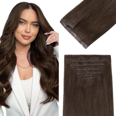 DOORES Invisi Edge Clip in Hair Extensions 14 inch 110g 7pcs, Virgin Real Human Hair PU Clip in Extension Invisible Seamless Natural Thickening Hairstyle, 4A Chocolate Brown