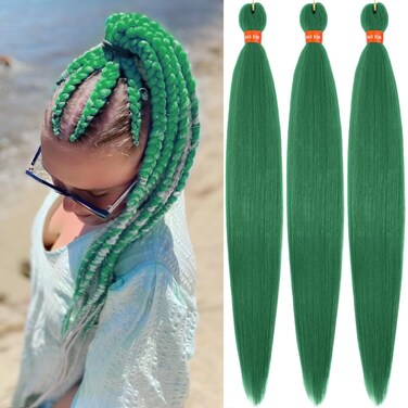 Green Pre Stretched Braiding Hair 30 Inch Box Braid Hair Extensions 3 Packs Yaki Texture Pre feathered Braids Hair Easy to Use