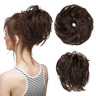 CJL HAIR Large Messy Bun Hair Piece Wavy Curly Scrunchies Synthetic Chignon Ponytail Hair Extensions Thick Updo Hairpieces for Women Dark Brown