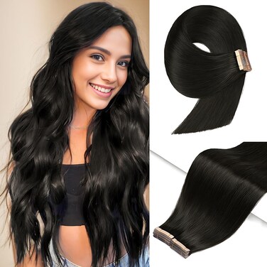 Tape in Hair Extensions Human Hair, 14 Inch Human Hair Tape in Extensions 20Pcs Natural Black Tape Ins Human Hair Extensions for Women Seamless Tape in Hair Extensions Real Human Hair (1B#, 14 Inch)