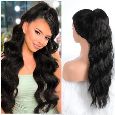 Drawstring Ponytail Extension 24 Inch Pony Tails Hair Extensions Long Curly Wavy Black Ponytail Hair Extension Natural Synthetic Ponytail Hair Pieces for Women (Black)