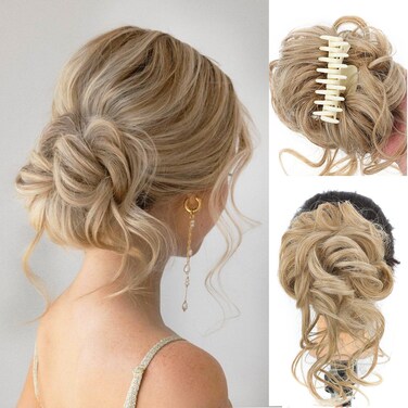 Messy Bun Hair Piece Claw Clip Synthetic Chignon Tousled Updo with Tendrils Hair Extensions Hair Bun Curly Wavy Faux Hair Bun Hair Scrunchies Hair Accessories for Women（Medium Blonde）