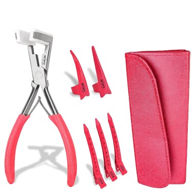 Beauty &amp; Crafts Tape in Hair Extension Tools Kit with Flat Surface Stainless Steel Tape in Hair Extensions Sealing Clamp Plier, 2 Hair Parting Rings, 3 Hair Clips With Leather Pouch (Pink)