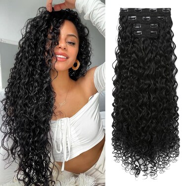 LONAI 4PC Clip in Hair Extensions, 100％ Pure Protein Silk Curly Hair Extension for Women, 26 Inch Long Soft Natural Hair Extensions-Natural Black