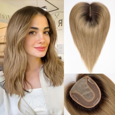 starluck Hair Toppers for Women 14 inch Real Human Hair Topper No Bangs 5"*5.5" Base ombre Ash Blonde Hair Toppers for Women with Thinning Hair Cover Grey Hair