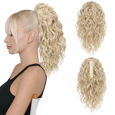 Flufymooz Ponytail Extension, 12" Short Claw Ponytail Extension Wavy Curly Jaw Clip in Pony tails Hair Extension Natural Synthetic Hairpiece for Women (Cool Blonde)