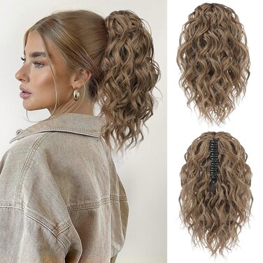 Flufymooz Ponytail Extension, 12" Short Claw Ponytail Extension Wavy Curly Jaw Clip in Pony tails Hair Extension Natural Synthetic Hairpiece for Women (Brown Ash Blonde)