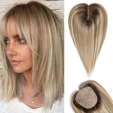 starluck Hair Toppers for Women with Bangs, 5"*5.5"Large Coverage Ombre Light Brown with Blond Highlight 100% Real Human Hair Toppers for Women with Thinning Hair,Cover Gray Hair Roots