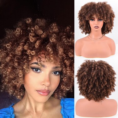 Synthetic Wig Short Curly Ombre Brown Afro Wig Kinky Curly Hair Wig 10 Inches 230g/Piece Afro Wigs Soft and Fluffy Like a Bomb Daily Use (Ombre Brown)
