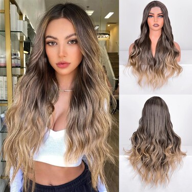 28 Inch Small Lace Long Wavy Brown Mixed Blonde Highlight Wig with Dark Roots Ombre Natural Curly Synthetic Resistant Fiber Wigs for Women (Brown Mixed Blonde (T4/24), 28 Inch)