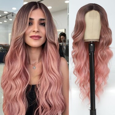 NAYOO Long Wavy Wigs for Women Middle Part Ombre Pink Wig with Dark Roots Synthetic Heat Resistant Fiber Women Wigs for Daily Party Use (Pink)