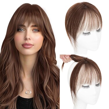 Hairro Clip in Bangs 100% Real Human Hair, Wispy Bangs 360&deg; Cover 3D Clip on Hair for Women, Fake Bangs Air Bangs for Daily Wear Hairpieces Hair Extensions, 8 Inch Dark Brown