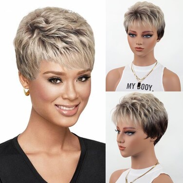 XIUFAXIRUSI XIUFAXIRUSI Ombre Blonde Pixie Cut Wig for White Black Women Short Layered Pixie Wig with Bangs Glueless Tapered Natural Hair Replacement Synthetic Wig