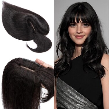 SEGO 100% Real Human Hair Toppers with Bangs,Silk Base 150% Density Clip in Topper Top 2.7&rdquo;x5.1&rdquo; Hair Pieces for Women with Thinning Hair/Hair Loss Cover Gray Hair