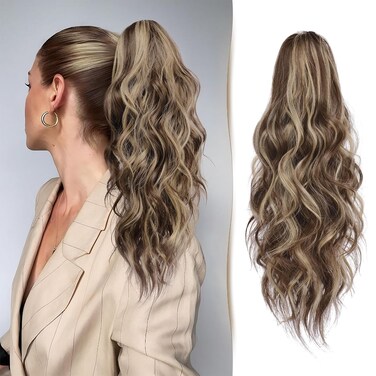 Ponytail 18 inch Curly Claw Clip in Wavy Long Pony Tails Synthetic Hairpiece Fake Hair for Women Girls Daily Party - Light Brown &amp; Blonde Hair Extensions