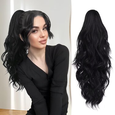Ponytail Extension 18" Black Hair Extensions Claw Clip on Ponytails Curly Wavy Long Pony Tail Synthetic Fake Hair Natural Hairpieces for Women Girls - Black Ponytail Extension