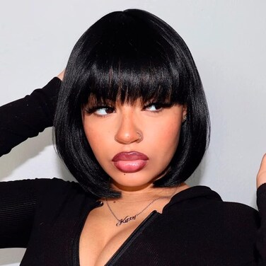 ToyoTress Dark Brown Bob Wig With Bangs - 8 Inch Blunt Cut Bob Wigs For Black Women, Short Straight Light Yaki Synthetic Hair Replacement Wigs Daily Costume Cosplay Heat Resistant (8 Inch, #2)