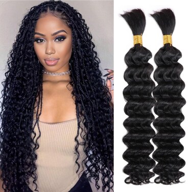 Lashey Human Braiding Hair Bulk Human Hair for Braiding Deep Wave 100% Virgin Hair Bulk 100g 2 Bundles/Pack No Weft Human Hair Extensions For Boho Braids Knotless Box Braid Natural Black 16 Inch