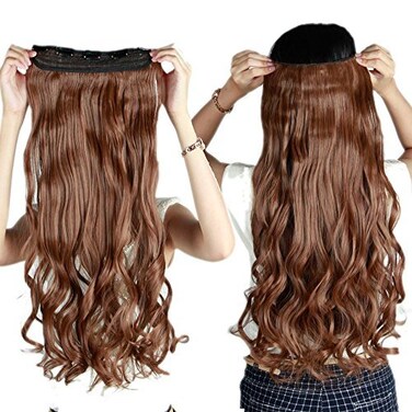 Clip in/on Hair Extension 5 Clips One Piece Full Head Hairpiece Synthetic Heat-Resistant Hair For Party/Daily For Women Girls Teen (27"curly,light brown)