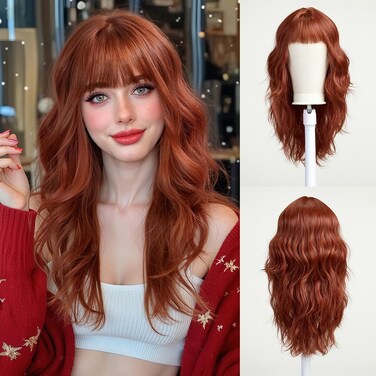 Esmee Long Wavy Wine Copper Red Wigs for Women Natural Synthetic Hair Heat Resistant Wigs with Bangs for Daily Party Cosplay Use (Burgundy) 24 Inches