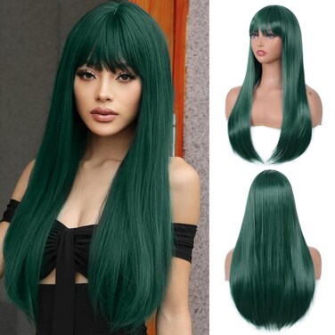 Green Wig with Bangs Long Straight Green Wig for Women Heat Resistant Synthetic Wig for Girls Daily Use Party Halloween Cosplay Wig 24inch